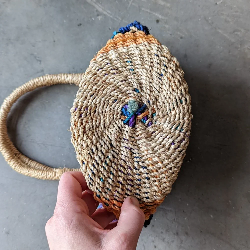 Vintage Colorful Stripe Woven Wicker Straw Mini Tote Raffia Bag